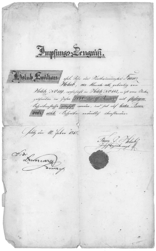 Očkovací vysvědčení Emila Holuba z roku 1848 (očkoval jej jeho otec František Holub). Zajímavá je chyba v čp. domu, kde se Emil Holub narodil, správně má být čp. 120.