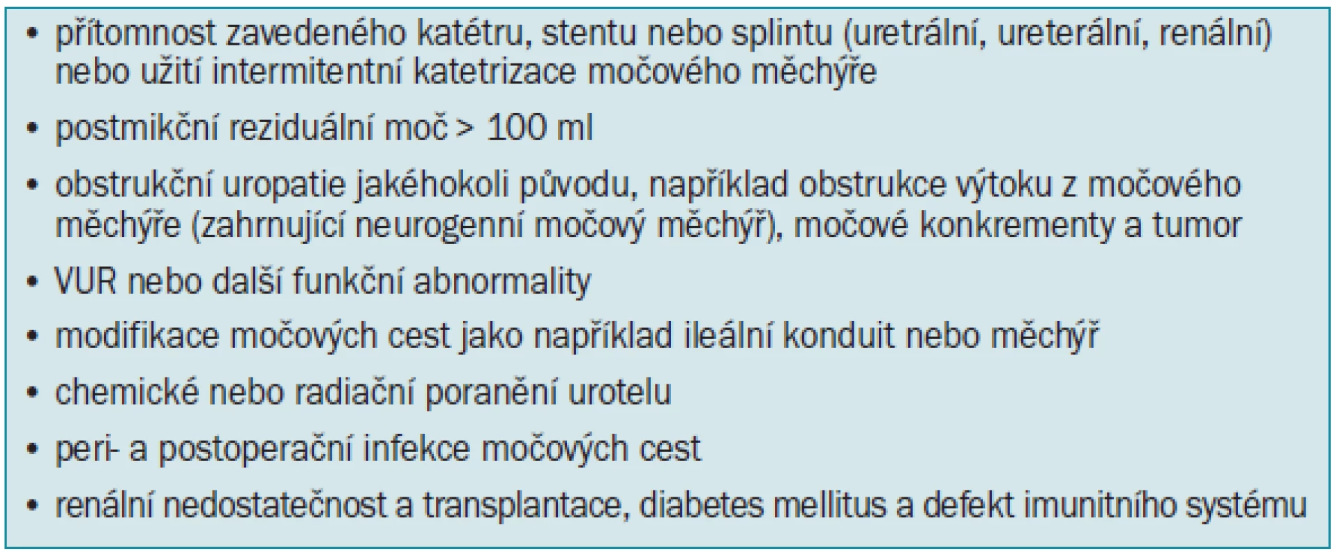 Faktory ukazující na potencionální výskyt komplikované infekce močových cest.