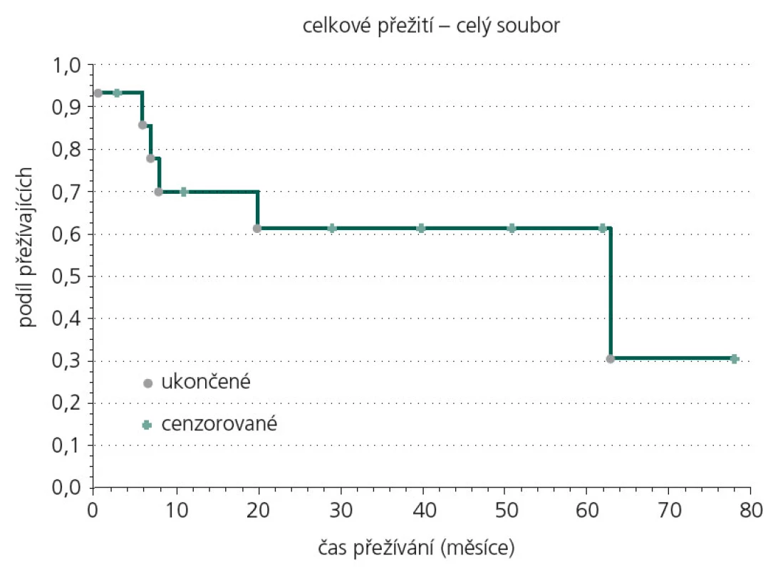 Kaplan-Meierova analýza celkového přežití souboru.