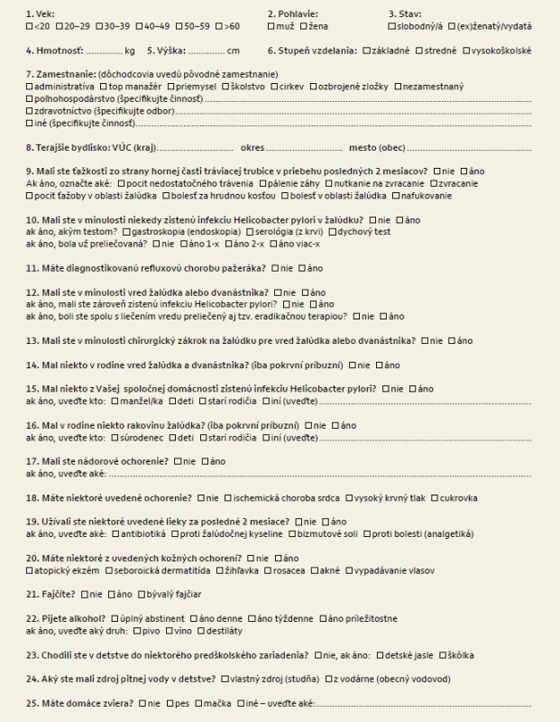 Dotazník epidemiologického prieskumu.
Fig. 1. Questionaire of epidemiological study.