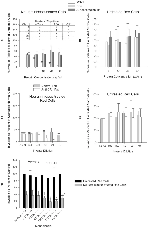 Inhibition of <i>P. falciparum</i> 7G8 invasion by sCR1 and antibodies against CR1.