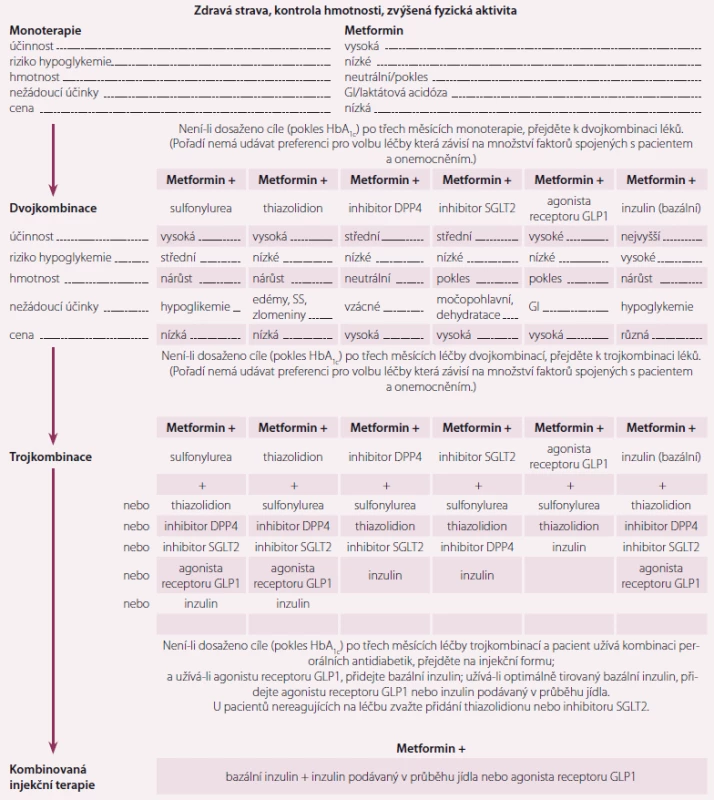 Doporučení pro léčbu osob s diabetes mellitus 2. typu dle ADA v roce 2017. Lék první volby je metformin a ostatní antidiabetika druhé volby jsou dána na stejnou úroveň. Výběr optimálního antidiabetika do dvoj-, resp. trojkombinace je individuální. Upraveno dle [26].