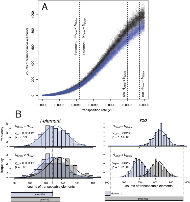 Procedure for estimating the significance (<i>p</i>) of the difference in TE copy numbers between <i>D. simulans</i> (Dsim) and <i>D. melanogaster</i> (Dmel) from expectations under drift using an equilibrium model.