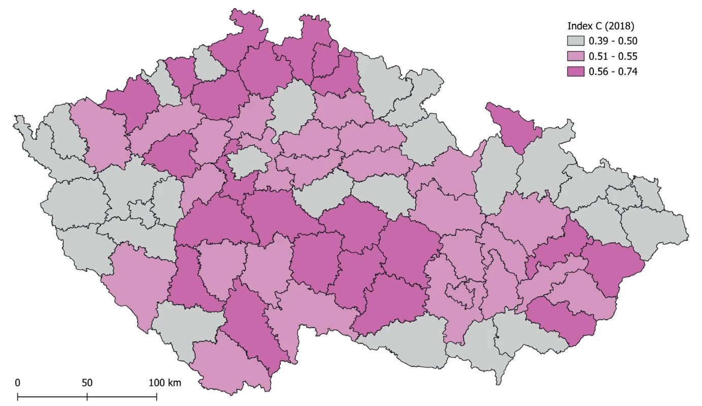 Prostorové diferenciace indexu subjektivní kvality života v okresech Česka (rok 2018)