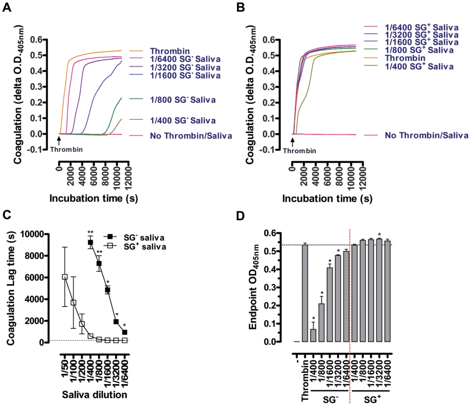Effect of the <i>T. brucei</i> salivary gland infection on the anti-coagulant properties of tsetse fly saliva: inhibition of 25 mU/ml thrombin-induced coagulation by ½ serial SG<sup>+</sup> and SG<sup>-</sup> saliva dilutions (1/50 to 1/6400).