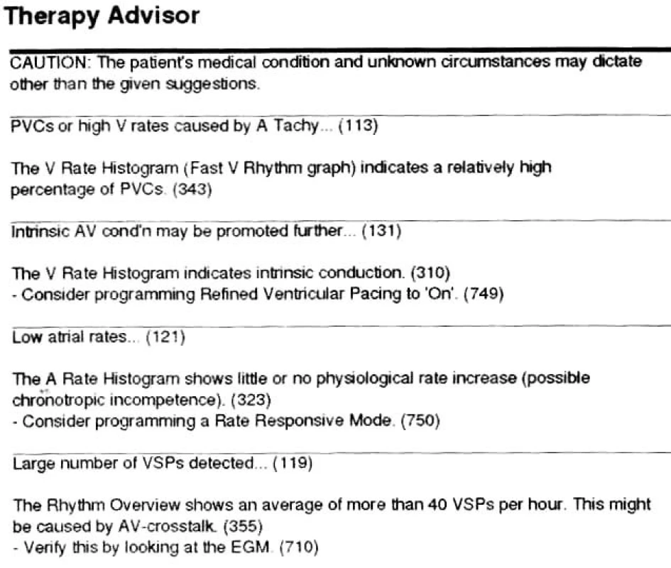 Therapy Advisor firmy Vitatron (pacient s modelem C60 DR). Automatickou analýzou diagnostických záznamů PM je vytvořeno hlášení důležité události, uvedeno vysvětlení úvahy a navrženo možné řešení.