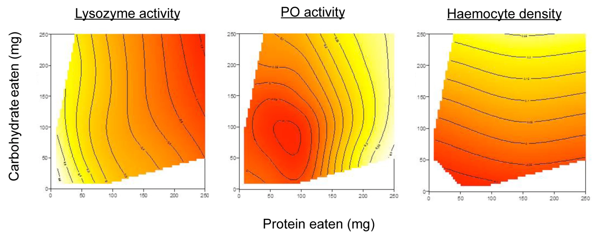 Response landscapes for three immune traits in caterpillars fed one of 20 diets differing in the ratios and amounts of protein and carbohydrate.