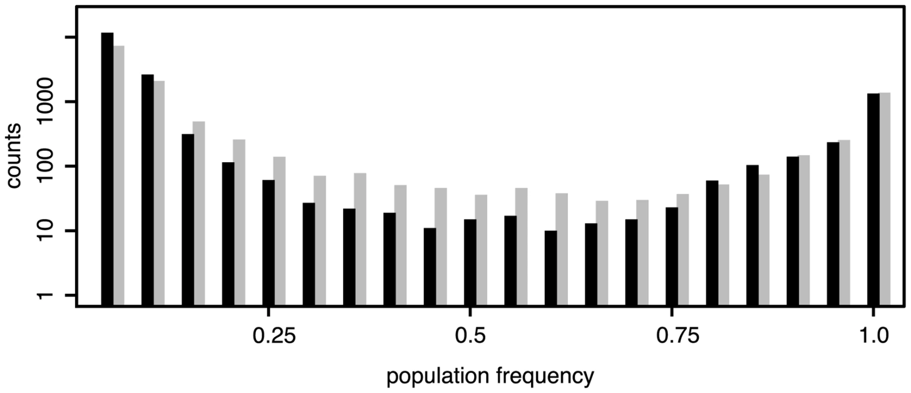Frequency distributions of TE insertions in <i>D. melanogaster</i> (black) and <i>D. simulans</i> (grey); Only TE insertions for which the population frequencies could be estimated are shown (not overlapping, minimum physical coverage of 30); <i>D. melanogaster</i>: 16,901 insertions; <i>D. simulans</i>: 12,716 insertions.