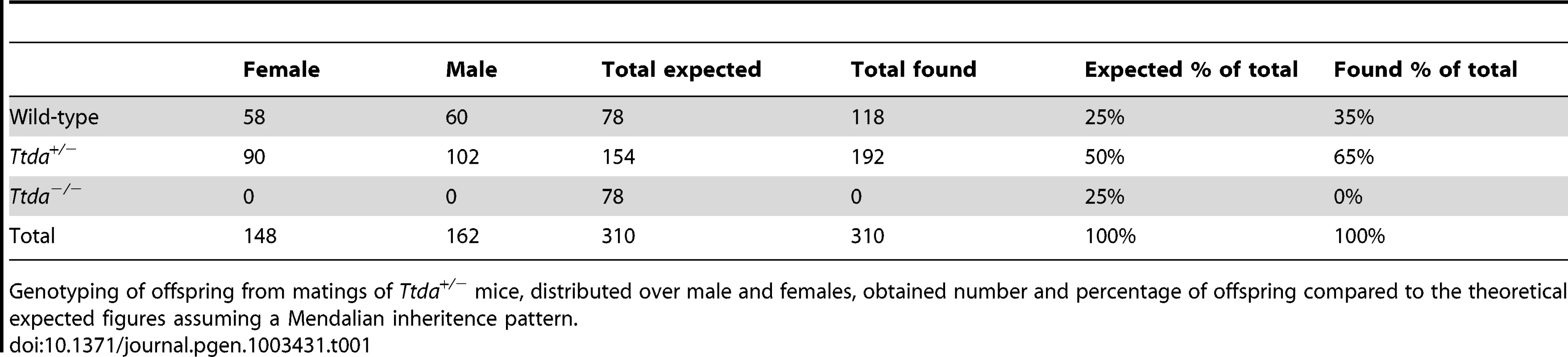 Genotyping and offspring from <i>Ttda<sup>+/−</sup></i> mice matings.