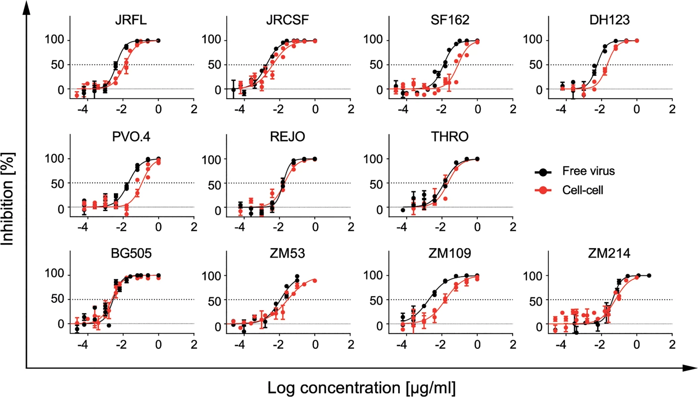 T-20 potently inhibits free virus and cell-cell transmission across diverse virus strains.