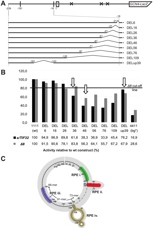 The 5′ sequences of uORF1 contain at least three REI-promoting elements (RPEs), one of which operates in the a/TIF32-NTD–dependent manner.