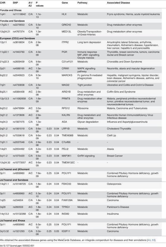 List of SNPs whose unusual differentiation between pair-wise indigenous southern African populations are genome-wide significant.