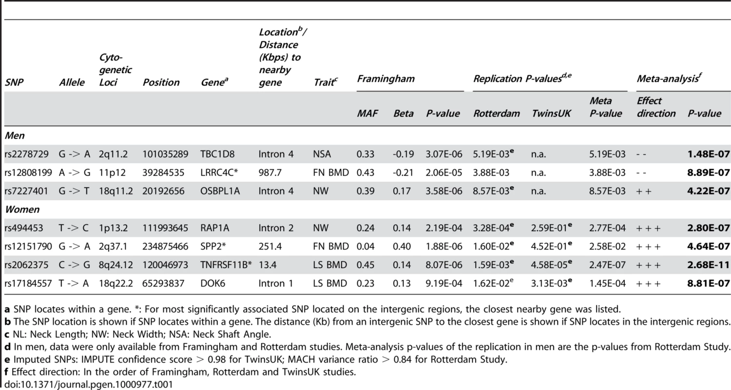 The most significant SNP in each locus with joint-analysis p-value <10<sup>−6</sup>.