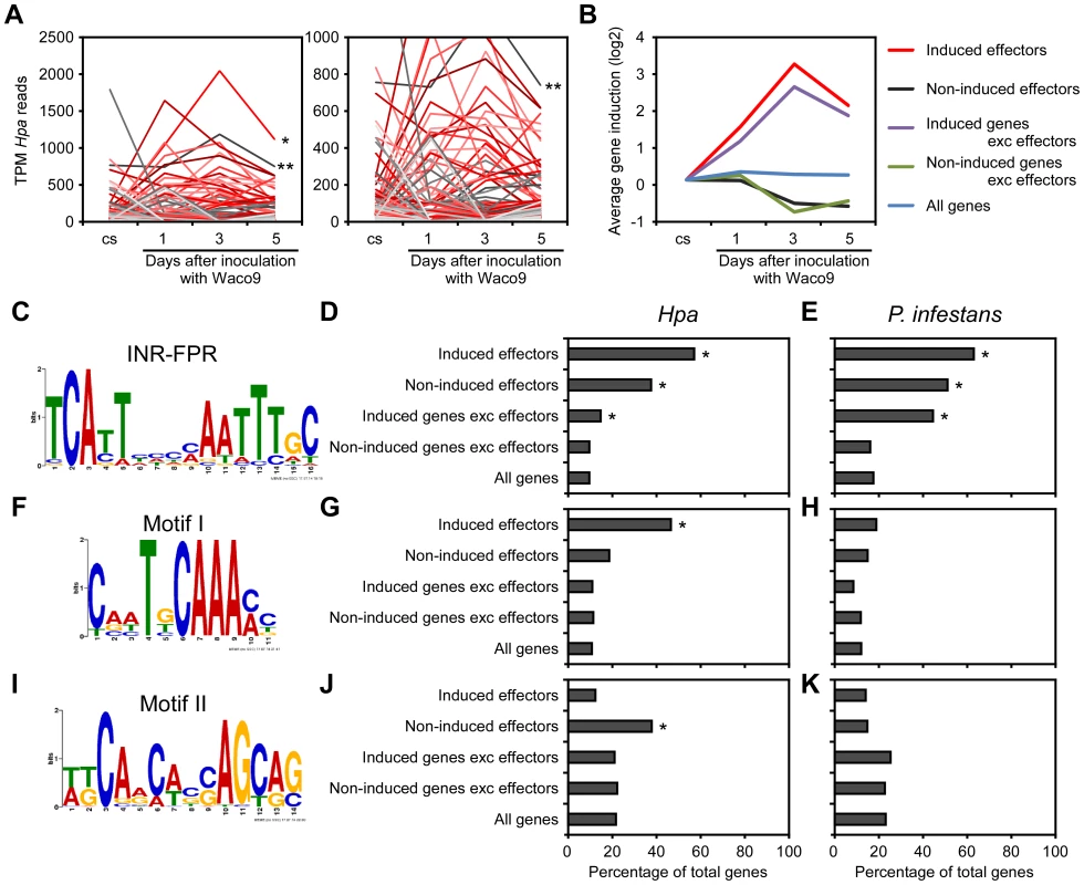 Expression pattern of <i>Hpa</i> predicted effectors and potential <i>cis</i>-regulatory elements in <i>Hpa</i>.