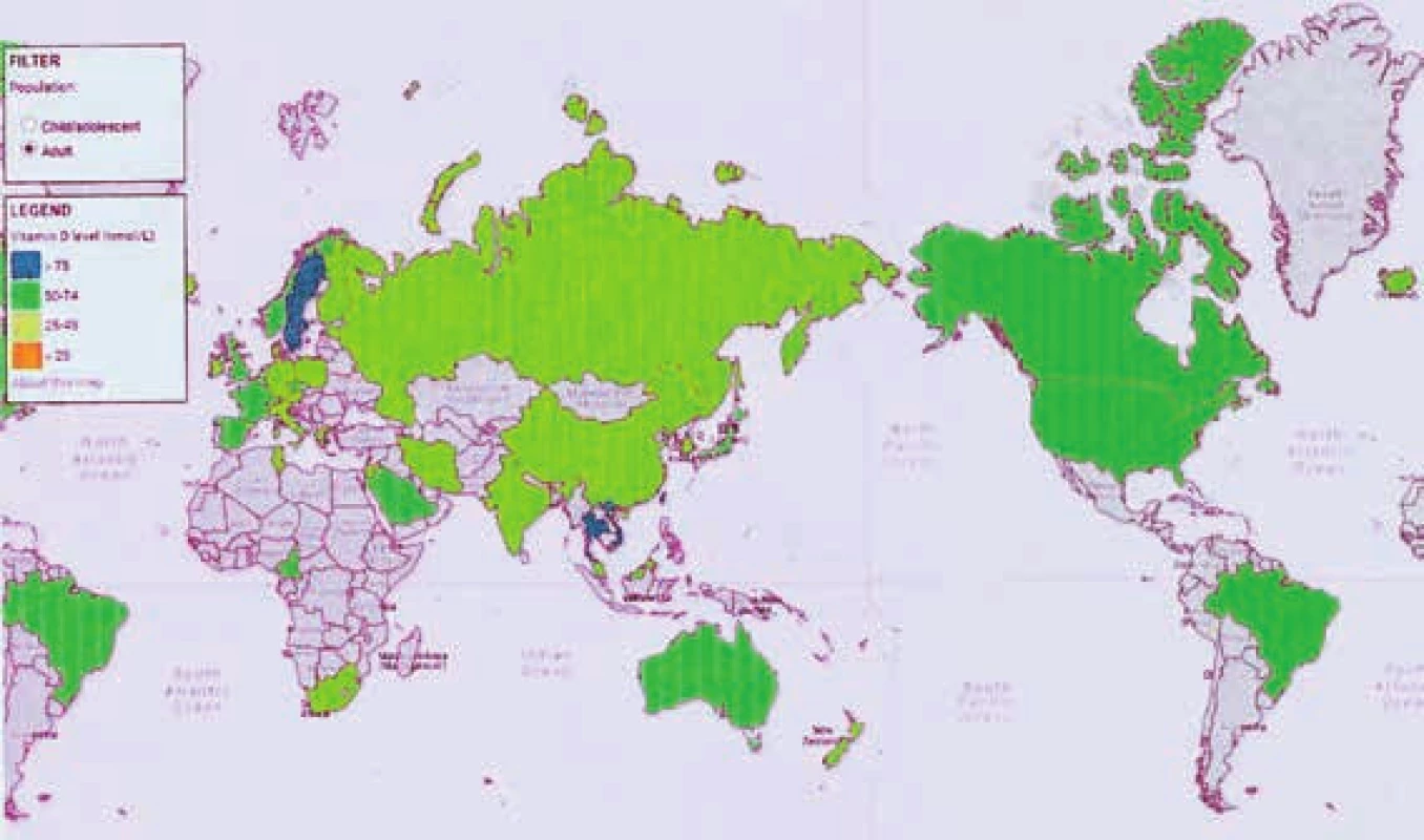 Mapa WHO ve spolupráci s International Osteoporosis Foundation s vyznačením stavu vitaminu D [25(OH)D<sub>3</sub>] ve světě u dospělých (2012)