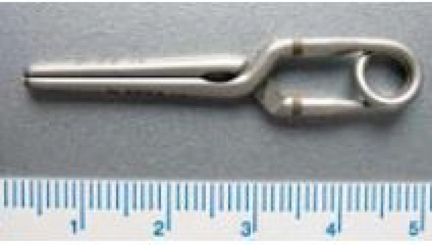 Malá endosvorka užívaná ke klampování renální artérie s uzavíracím tlakem 450 g
Fig. 2. Photo of the small endoscopic clamp for clamping of the renal artery with closing pressure 450 g