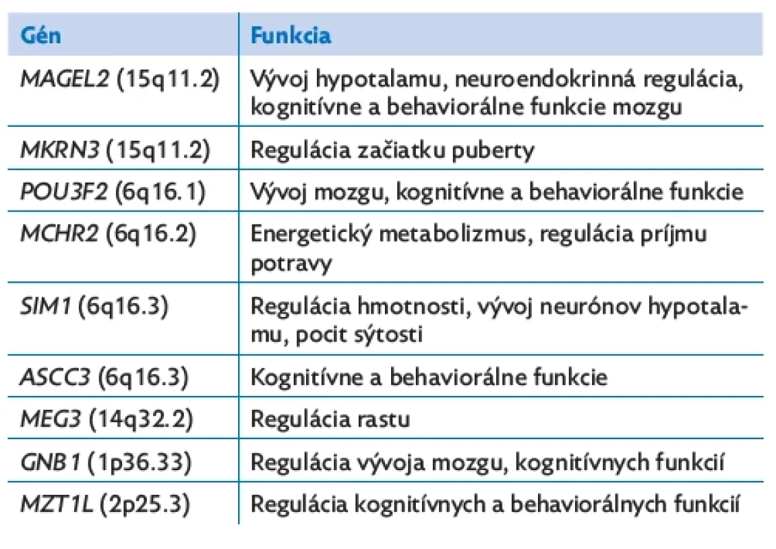 Funkcia vybraných génov, ktoré sú postihnuté v rámci Prader- -Willi-like syndrómov, upravené podľa(3–6)