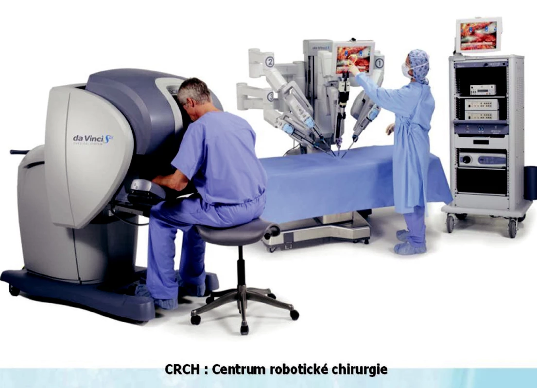 Jednotlivé hlavní komponenty robotického systému daVinci (Intuitive Surgical<sup>®</sup>, USA).
Ovládací konzola robotického operatéra,
pacientská konzola,
přístrojová multifunkční sestava pro insuflaci kapnoperitonea,
zdroj studeného světla,
elektrokoagulační a odsávací jednotka atd. na operačním sále pro robotickou chirurgii.