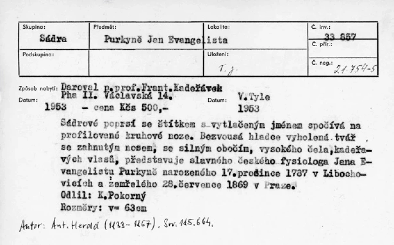 Katalogizační lístek k bystě Jana Ev. Purkyně od Ant. Herolda