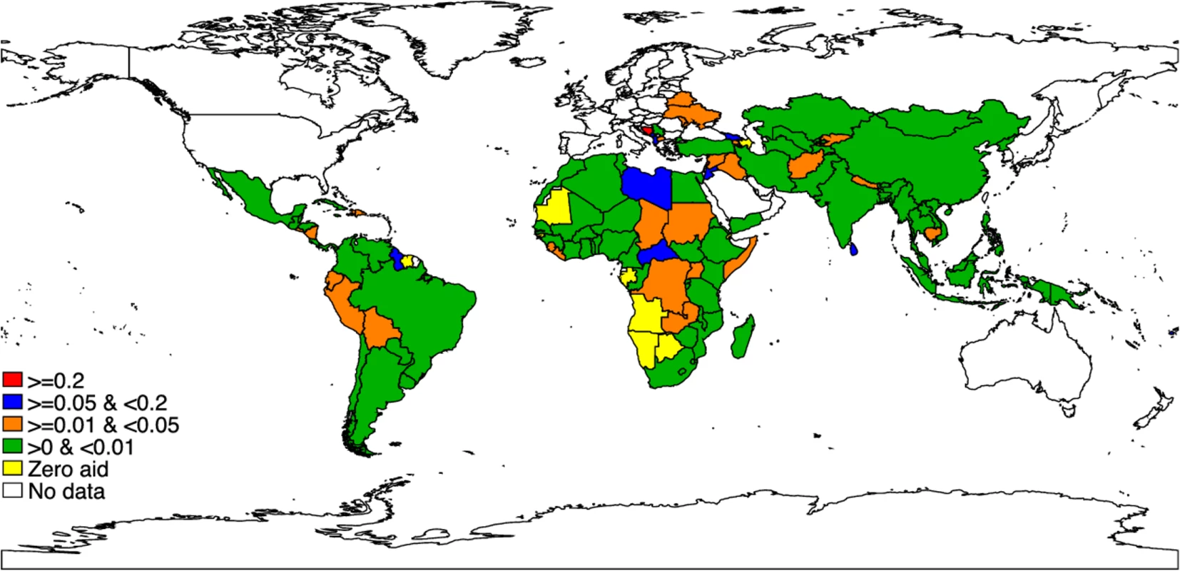 Average annual per capita DAMH_CA disbursement between 2007 and 2015 in each country (2013 USD), lower-bound estimates.