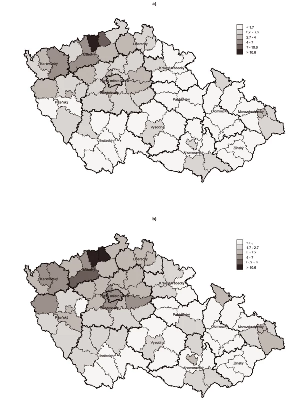 Odhad počtu PUD celkem v ČR v letech 2006 (a) a 2007 (b) podle okresů
Fig. 1 Overall PDU estimates in the Czech Republic in 2006 (a) and 2007 (b) by district