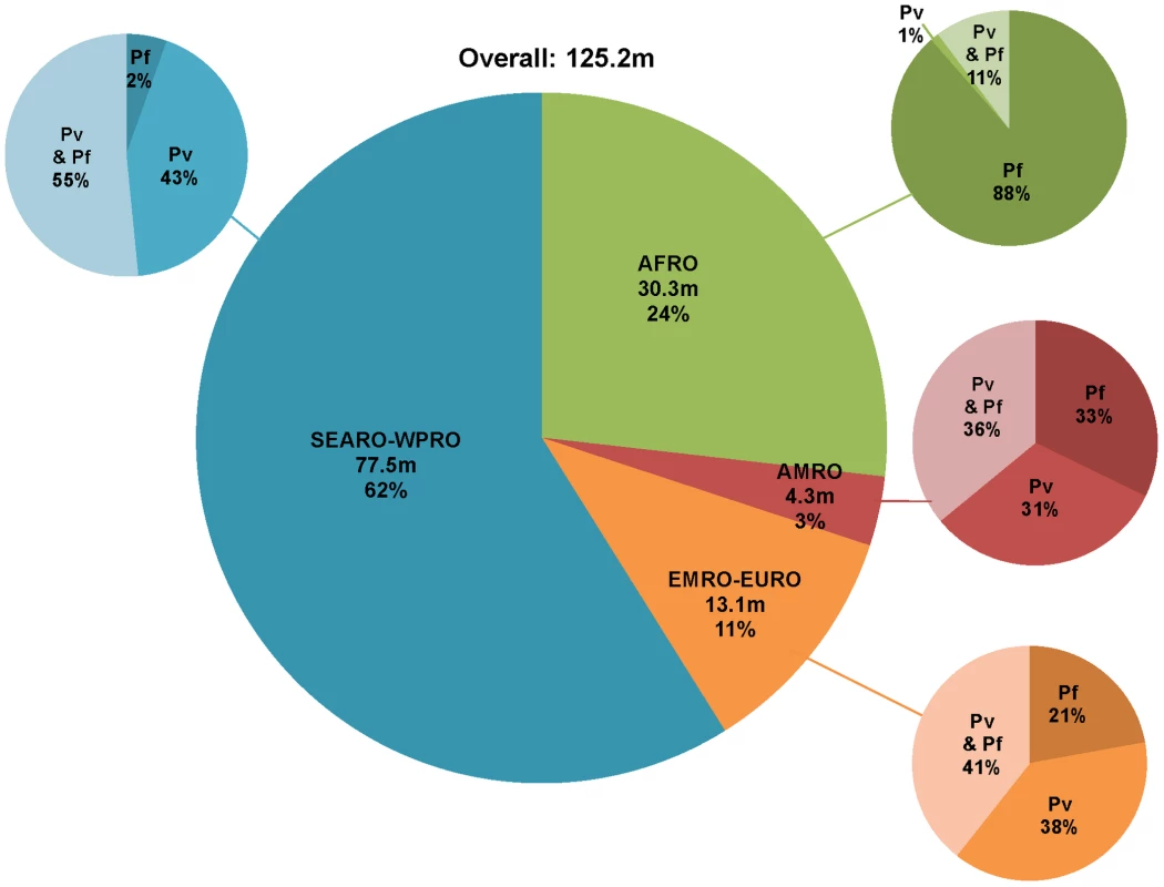 Distribution of the number of pregnancies in malaria endemic areas in 2007 by WHO regions and by species (<i>P. vivax</i> transmission only, <i>P. falciparum</i> transmission only or transmission of both species).
