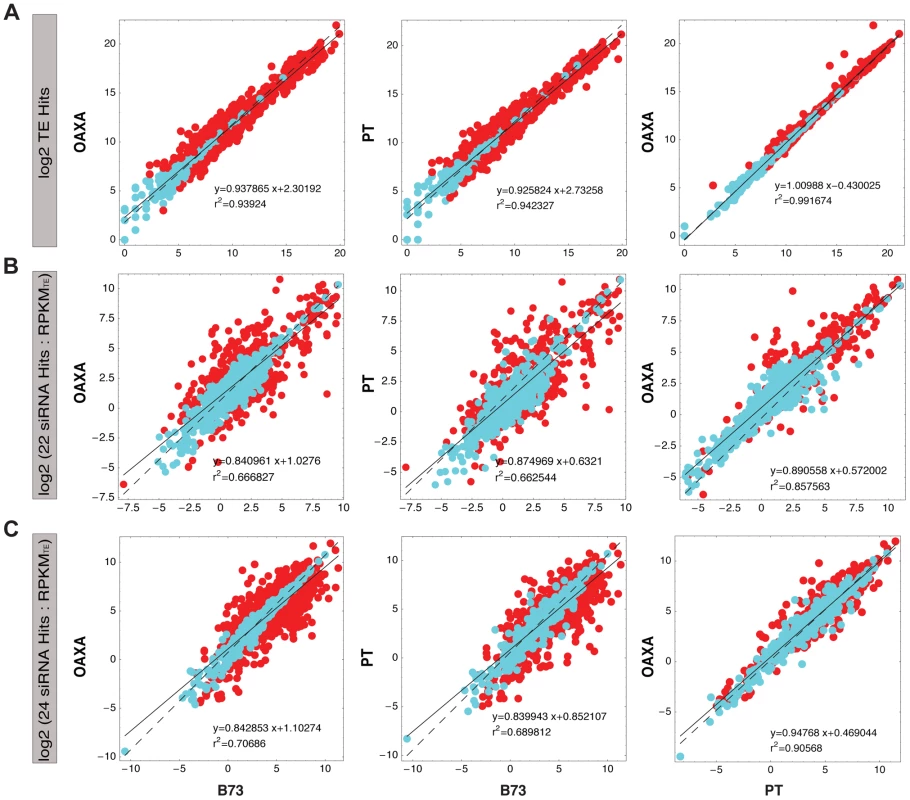 Pairwise comparisons between accessions for: a) TE hits; b) 22 nt siRNA hits per RPKM<sub>TE</sub> and c) 24 nt siRNA hits per RPKM<sub>TE</sub>.