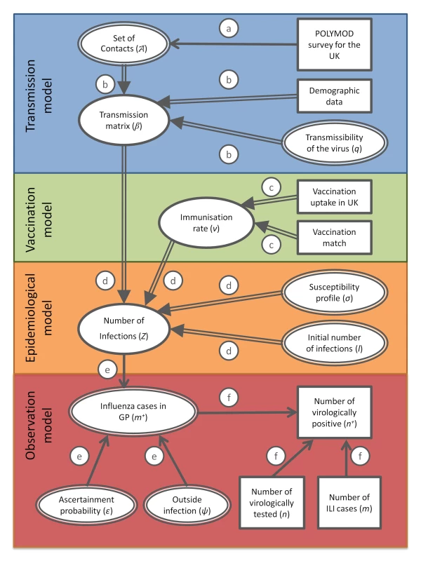 Directed acyclic graph showing the link between the different modelling components, data, and parameters.
