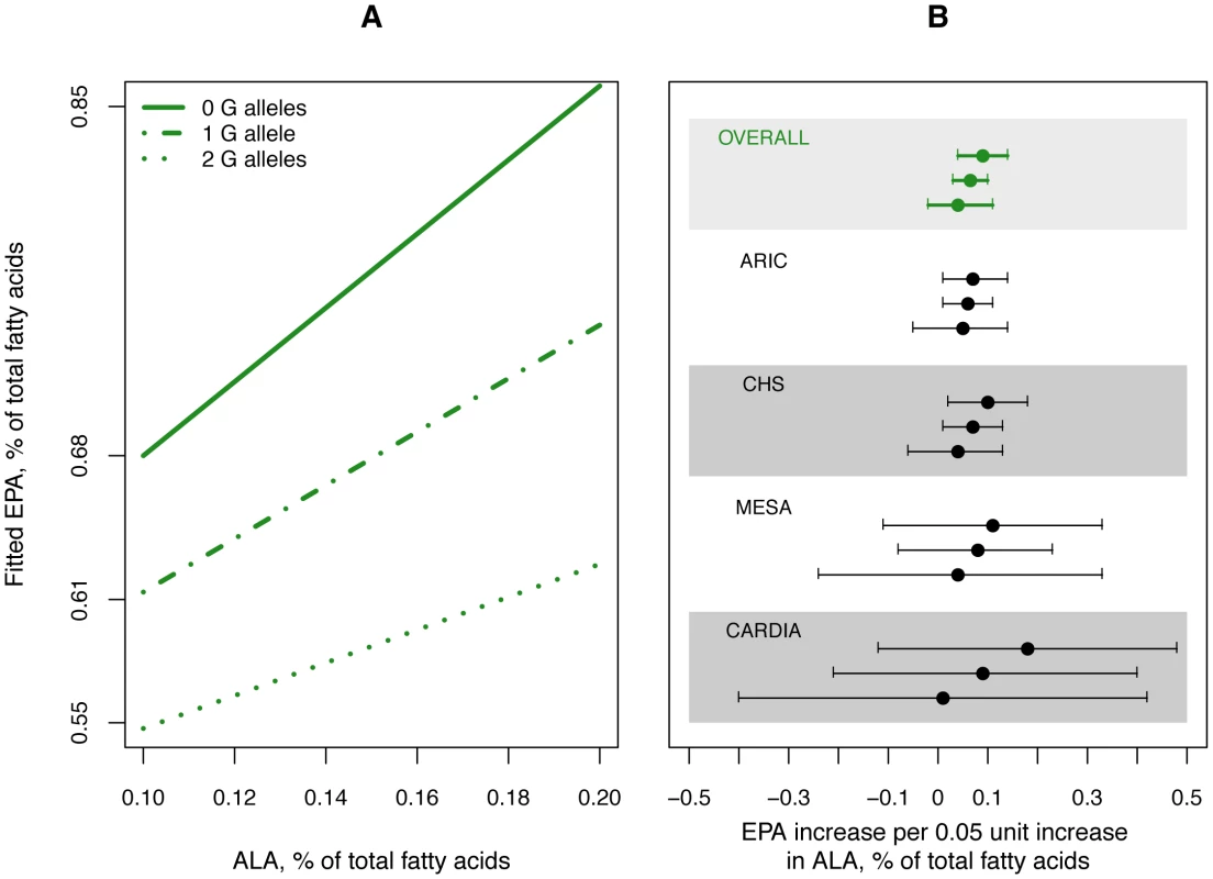 Influence of variation in rs1535 on the estimated association of plasma phospholipid ALA levels with EPA levels.