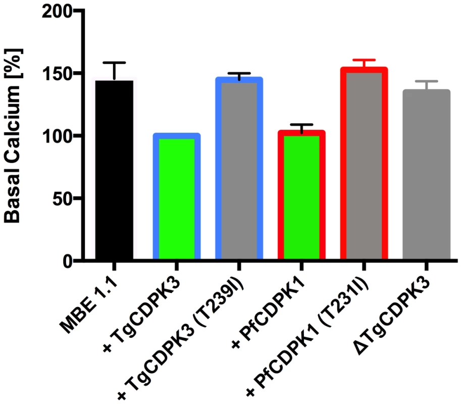 Absence of TgCDPK3 results in elevation of resting Ca<sup>2+</sup> levels in <i>T. gondii</i> tachyzoites.
