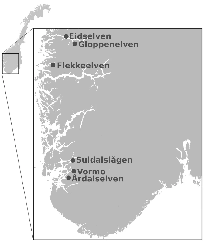 Geographical location of salmon rivers used.