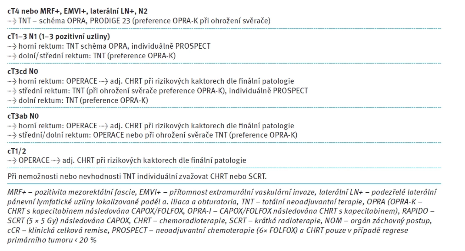 Léčebný algoritmus – stratifikace léčby dle cTNM stagingu a rizikových faktorů. Tab. 1. Treatment algorithm – stratification based on staging and risk factors.