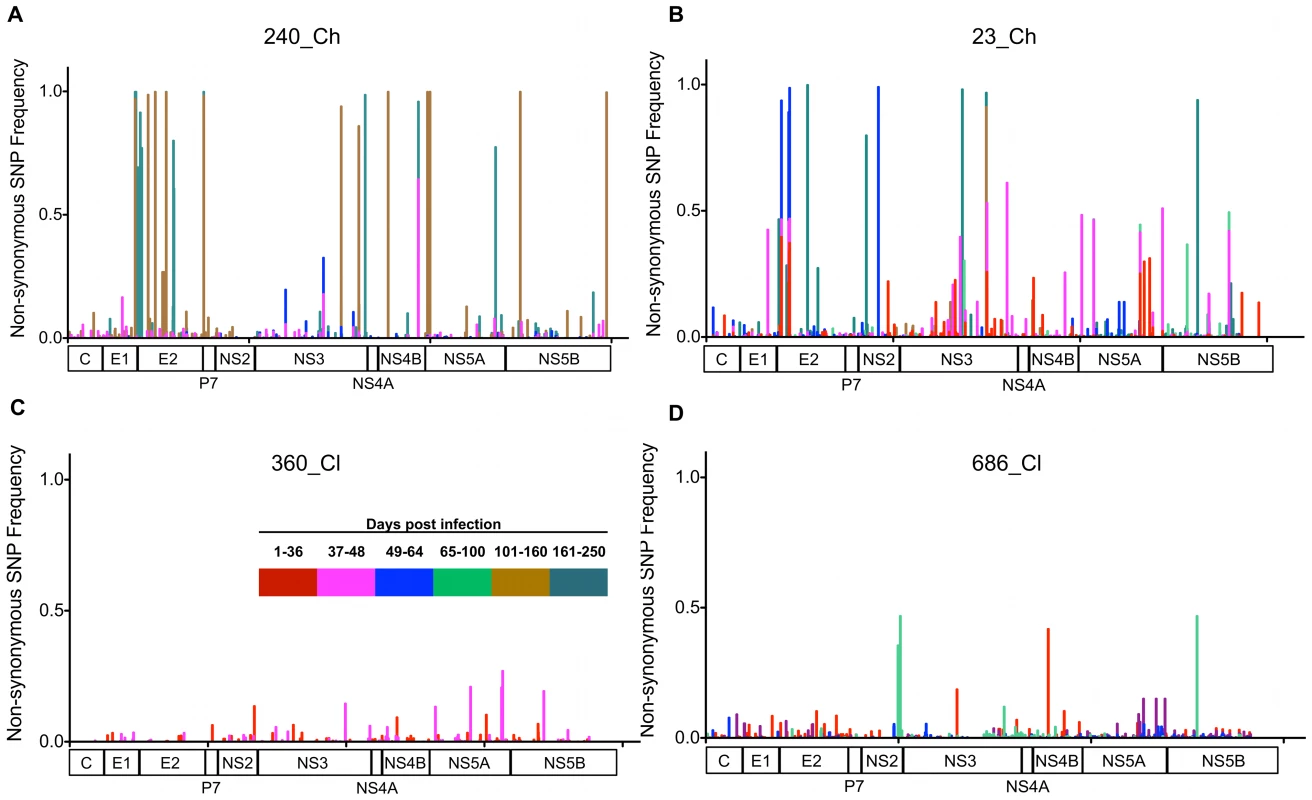 Distribution of the non-synonymous substitutions detected across the genome over the course of the infection.