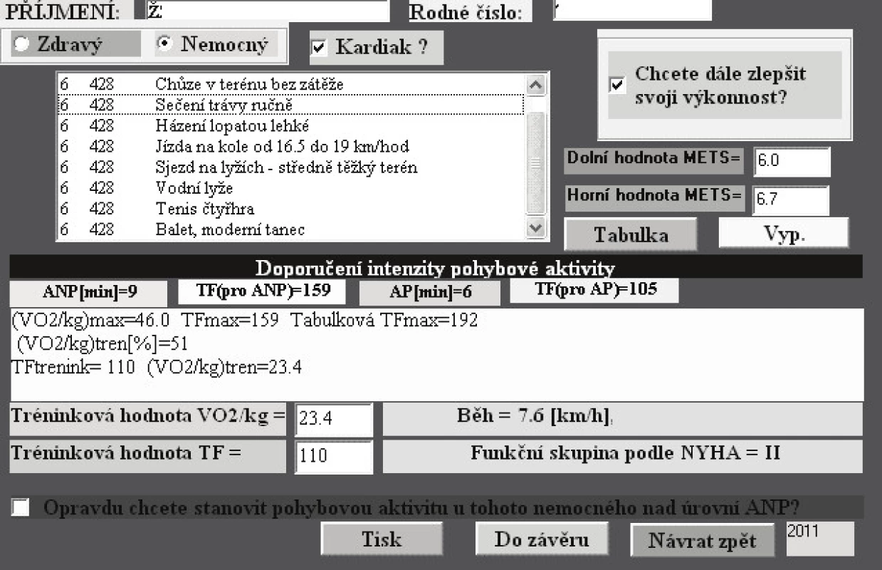 Určení tréninkové aktivity pro nemocného, kardiaka.