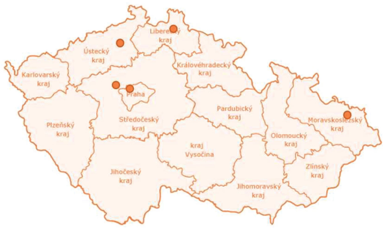 Centra hyberbarické medicíny umožňující 24hodinové poskytování péče pro kriticky nemocné (zdroj: upraveno dle originálu <a href="http://www.eu2009.cz/images/design/map-cz-cs.gif">http://www.eu2009.cz/images/design/map-cz-cs.gif</a>)