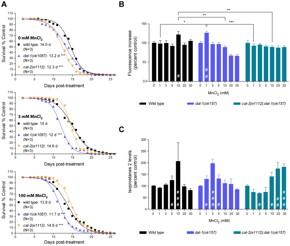 Dopamine-dependent Mn toxicity is associated with decreased lifespan and increased oxidative stress.
