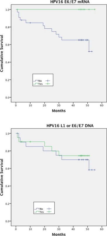 Disease free survival (DFS)<sup>†</sup> stratified by HPV mRNA/DNA (Log- Rank multiple regression analysis <i>p</i> = 0.04 and <i>p</i> = 0.68, respectively)