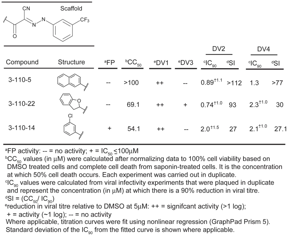 Biochemical, cytotoxicity and antiviral summary of selected compounds from the 3-110 series.