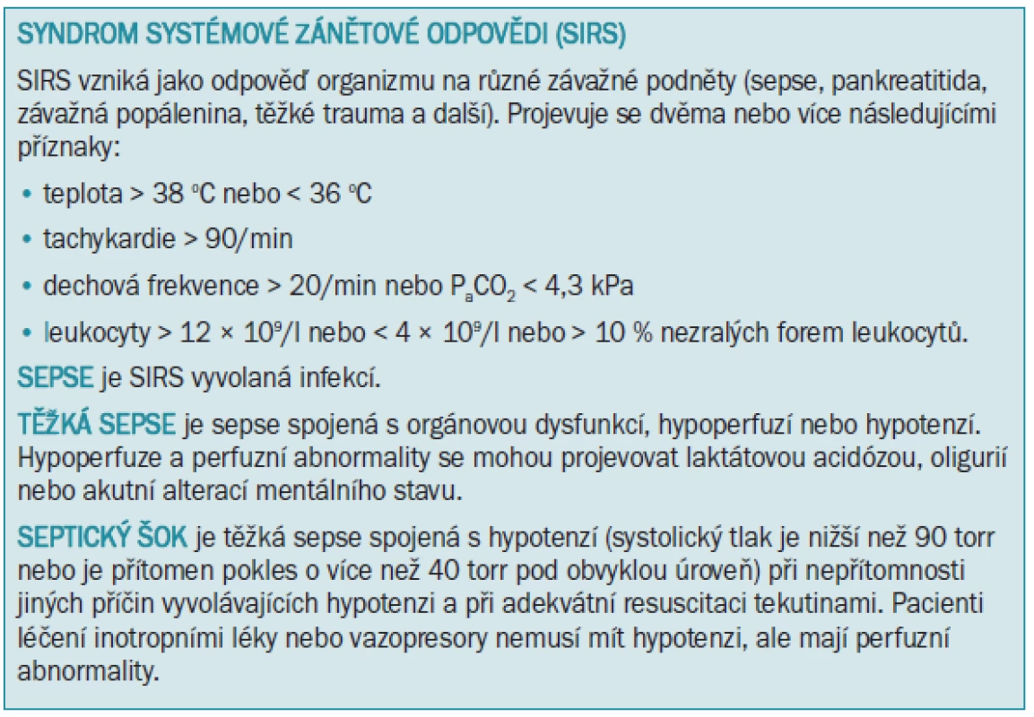 Definice systémové zánětové odpovědi, sepse, septického šoku [9].