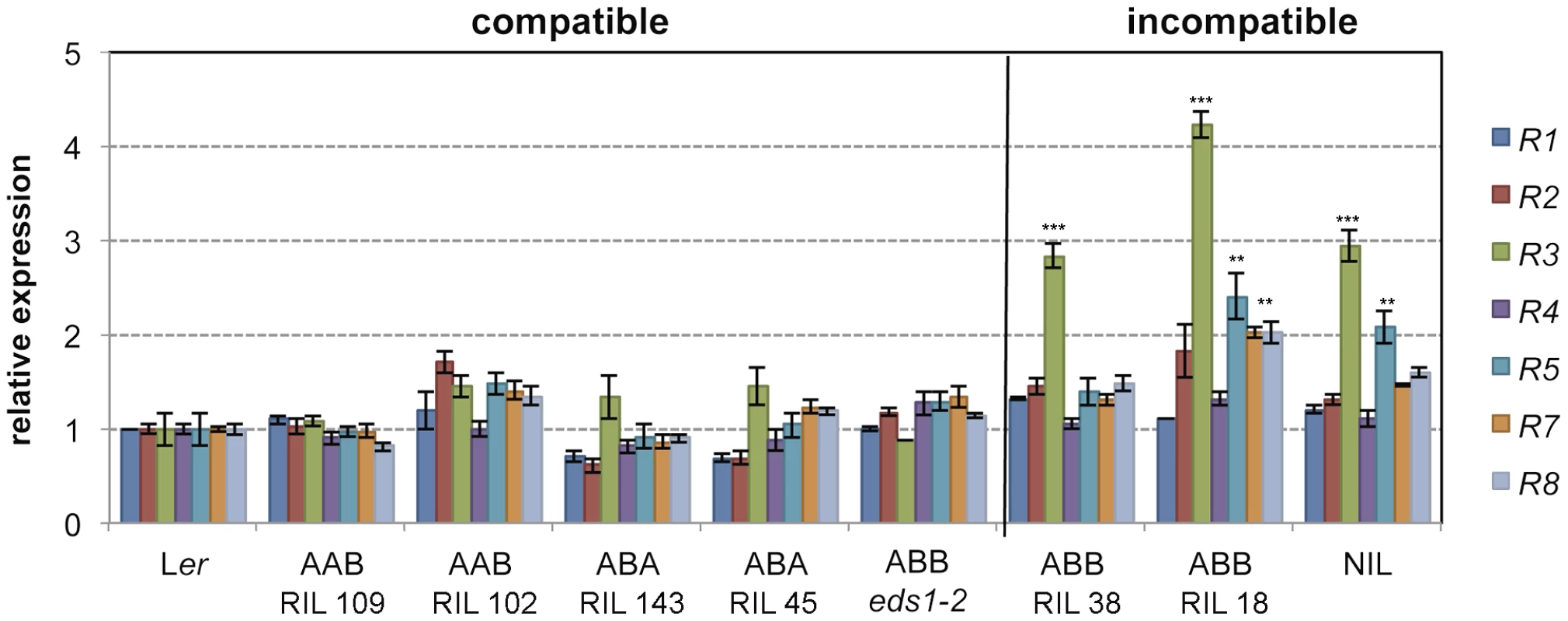 Effects of <i>R3</i> expression with different allelic combinations at <i>SRF3</i> and QTL5.