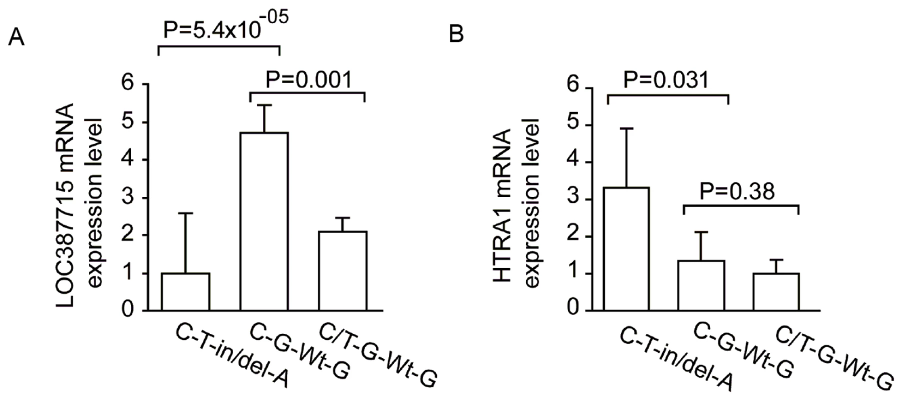 Endogenous expression studies comparing effects of genotype on <i>HTRA1</i> and <i>LOC387715</i>.