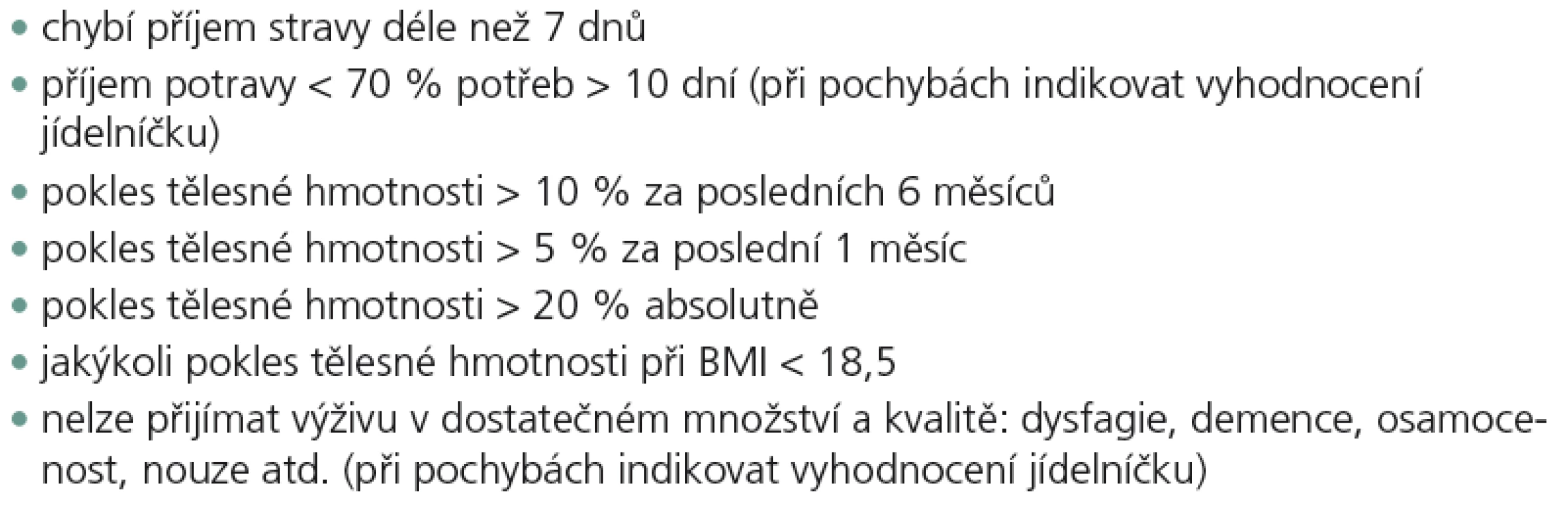 Klinicky významné ukazatele rizika rozvoje malnutrice [106].