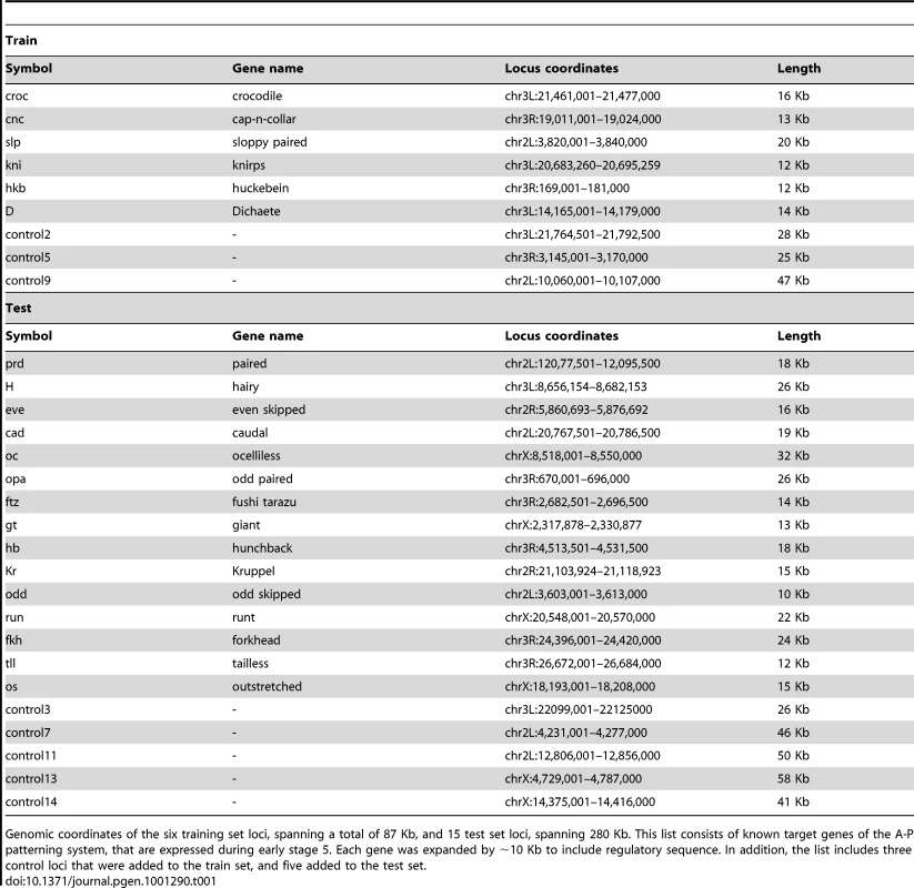 Genes and coordinates for train and test set loci.