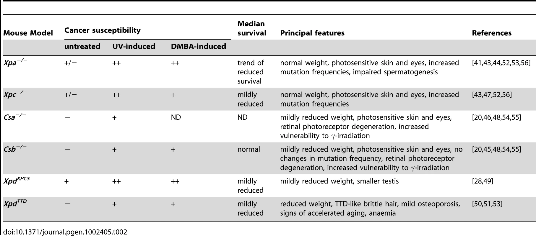 Cancer susceptibility and principal features of NER–deficient mice.
