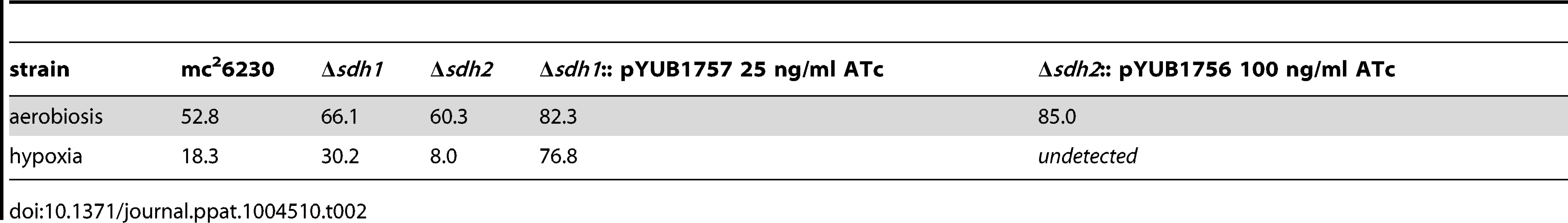 Membrane potential in mV of <i>M. tuberculosis</i> strains at OD<sub>600</sub> 0.5 (aerobiosis), and after 12 days in hypoxia was measured by uptake of [<sup>3</sup>H]TPP<sup>+</sup>. Data are averages of biological triplicates.