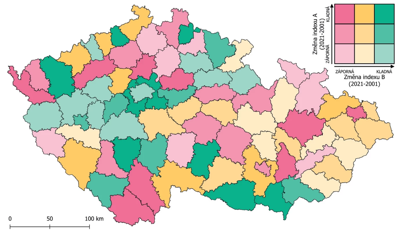 Prostorové diferenciace změn hodnot indexu determinant nerovností ve zdraví a indexu zdravotního stavu v okresech Česka (rok 2001 a 2021)