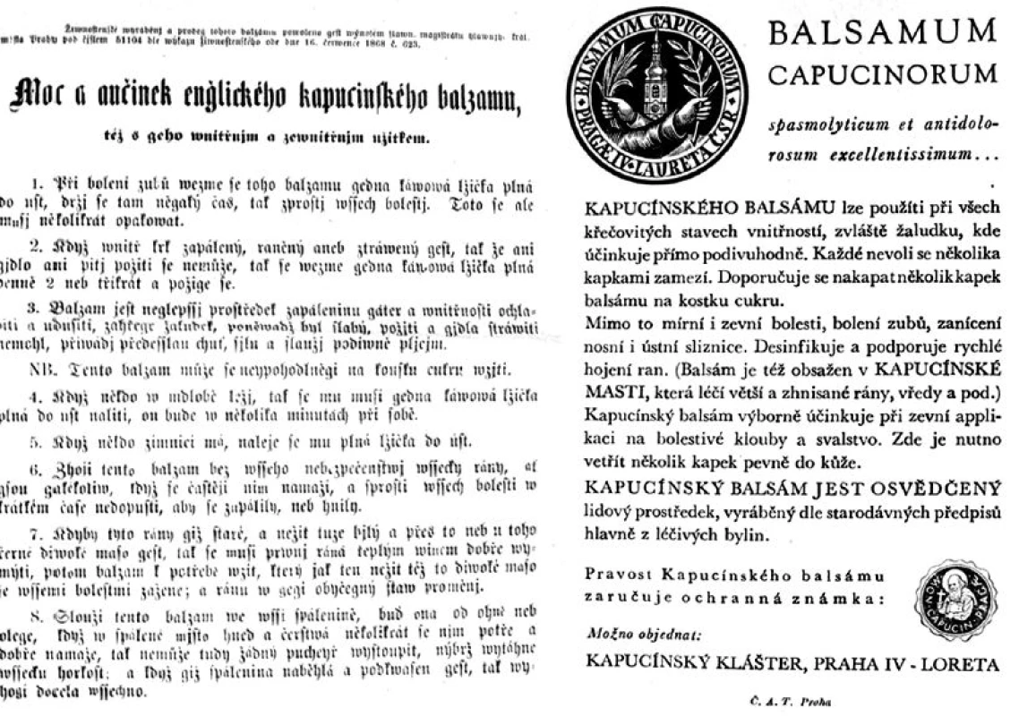 Leták ke kapucínskému balzámu z druhé poloviny 19. století (vlevo) a z první poloviny 20. století (vpravo)