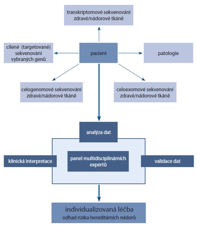 Shrnutí workflow integrace omických dat.
U daného pacienta je osekvenován nádorový a zdravý genom. Genetická informace je analyzována a interpretována multidisciplinárními experty. Pacientovi je navržena léčba „šitá na míru“. Z analýzy profituje také pacientova rodina, protože se zjistí i hereditární riziko vzniku nádorového onemocnění a mohou být provedena příslušná opatření [16].