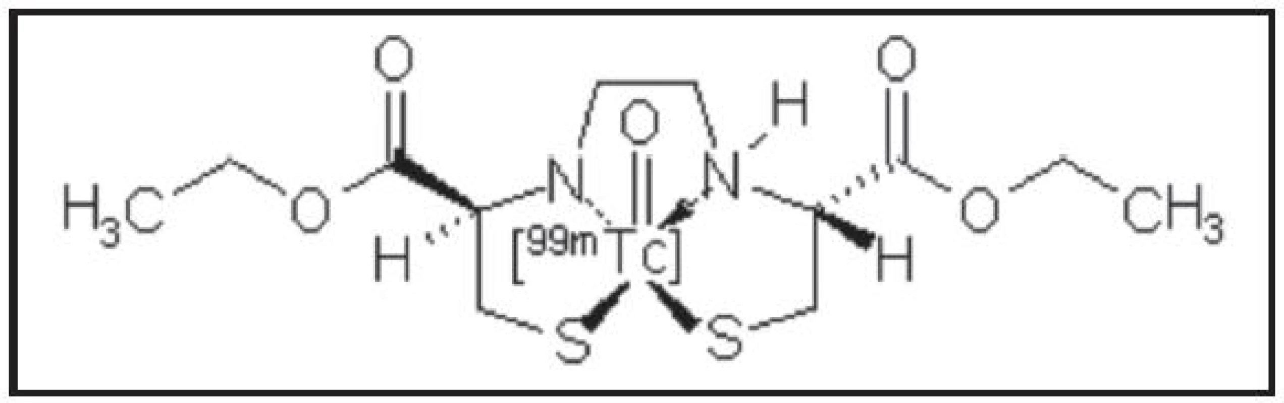 Struktura oxo[<sup>99m</sup>Tc]technecium-ECD. Název IUPAC:  oxo[<sup>99m</sup>Tc]technecium(V)-diethyl-<i>N,N'</i>-ethylendi-l-cysteinát.