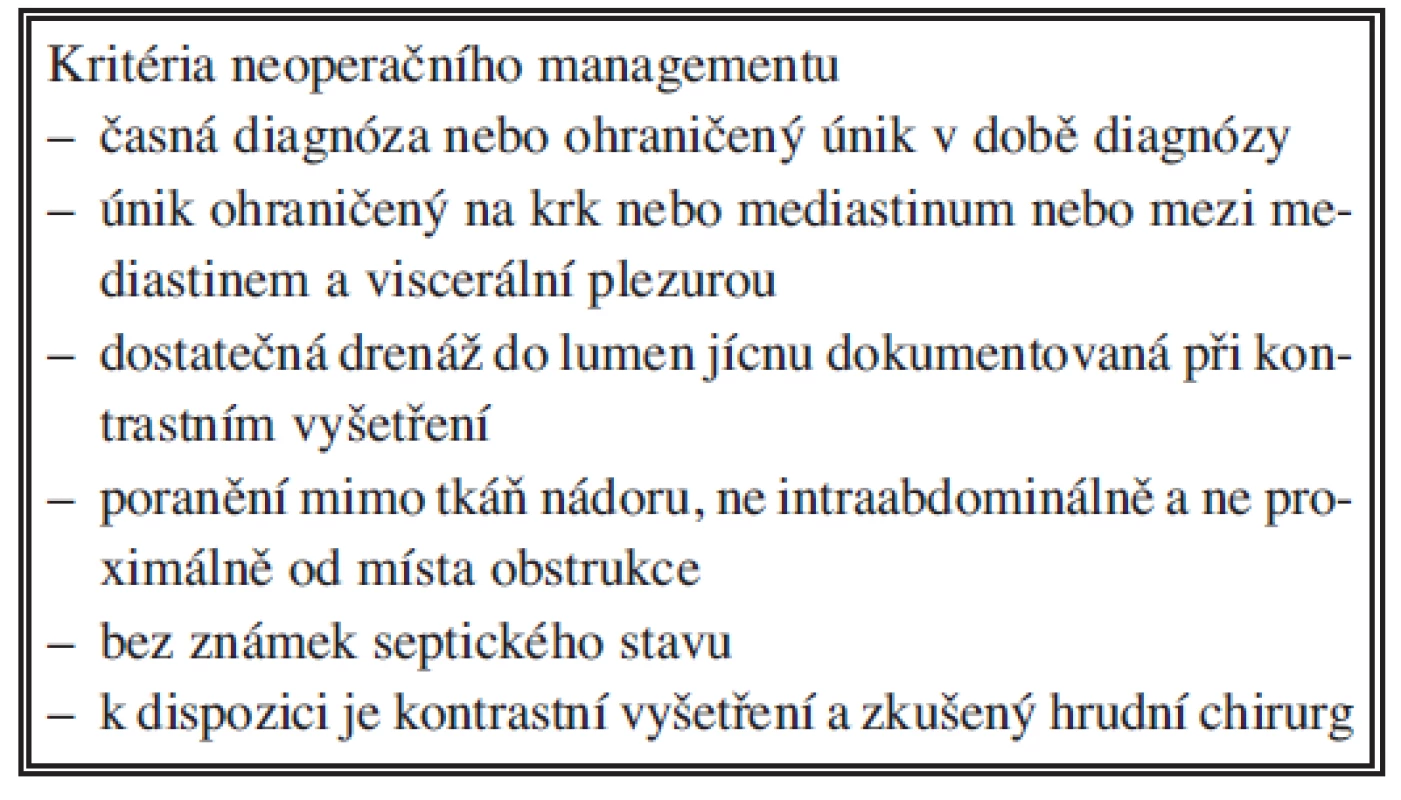 Kritéria neoperačního managementu perforace jícnu (zpracováno podle Altorjay, Chirica a Shaffera)
Tab. 2. Criteria of inoperative management of esophageal perforations (according to Altorjay, Chirico and Shaffer)